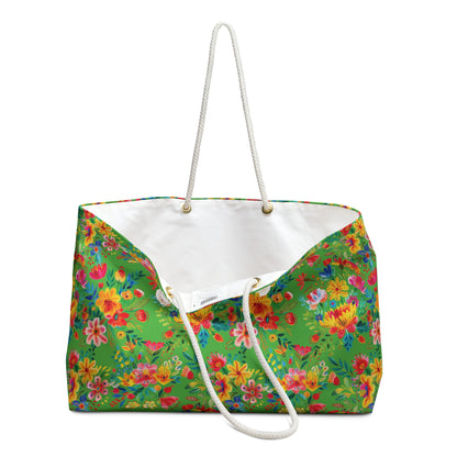 Bright Bold Watercolor Flowers - Bright Apple Green 56BD00 - Weekender Bag