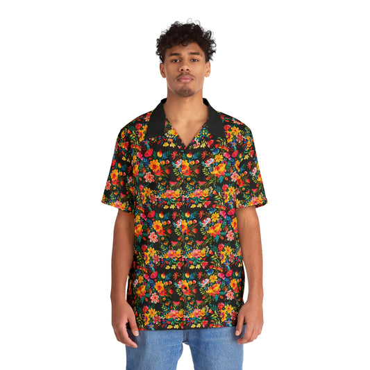 Bright Bold Watercolor Flowers - Black 000000 - Men's Hawaiian Shirt