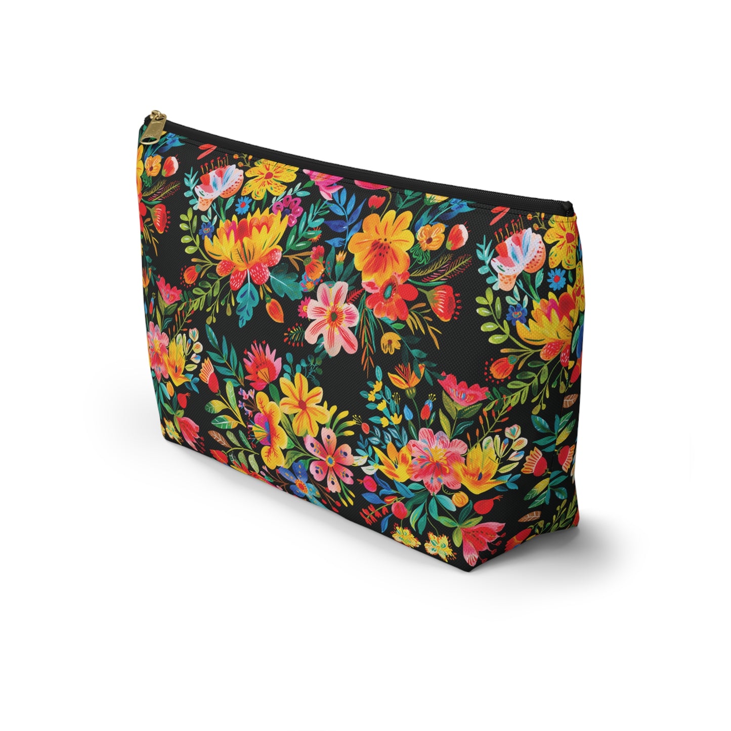 Bright Bold Watercolor Flowers - Black 000000 - Accessory Pouch w T-bottom