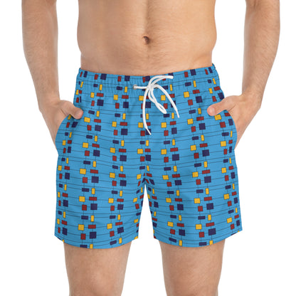 Inspired by Piet Mondrian - Blue Bolt 00b3ff - Swim Trunks