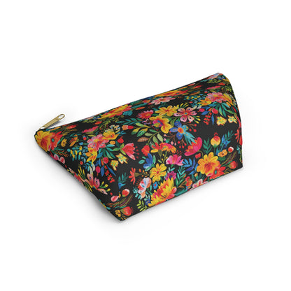 Bright Bold Watercolor Flowers - Black 000000 - Accessory Pouch w T-bottom