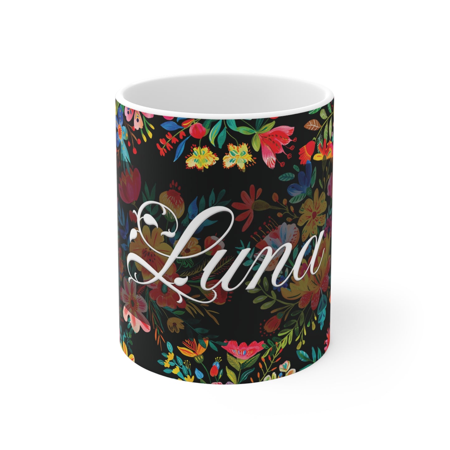 Luna - Bright Bold Watercolor Flowers - Black 000000 - Mug 11oz