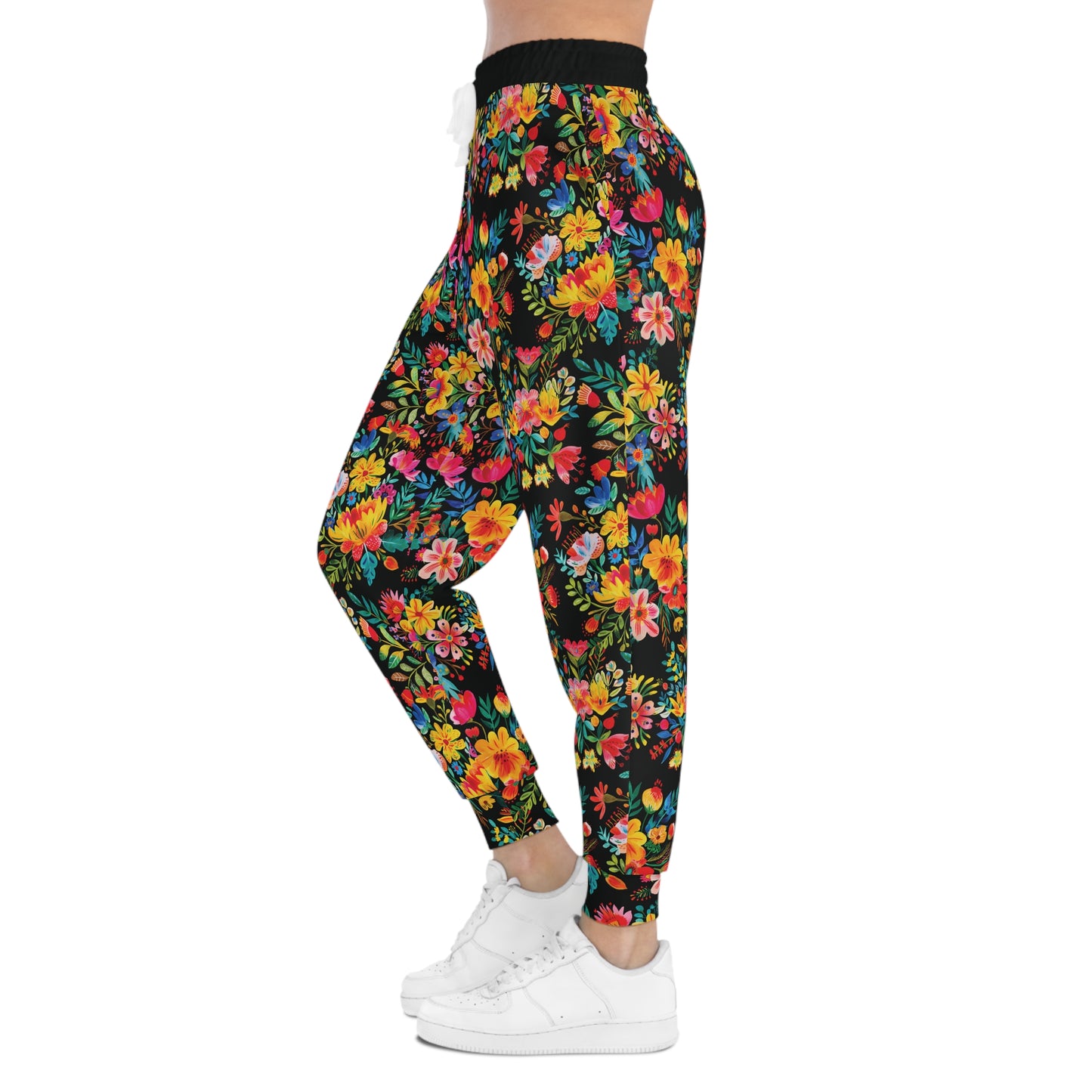 Bright Bold Watercolor Flowers - Black 000000 - Athletic Joggers