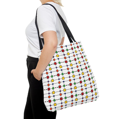 Geometric Black Grid with Squares - White ffffff  - Tote Bag