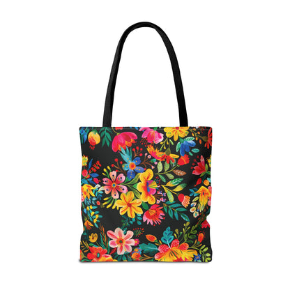 Bright Bold Watercolor Flowers - Black 000000 - Tote Bag