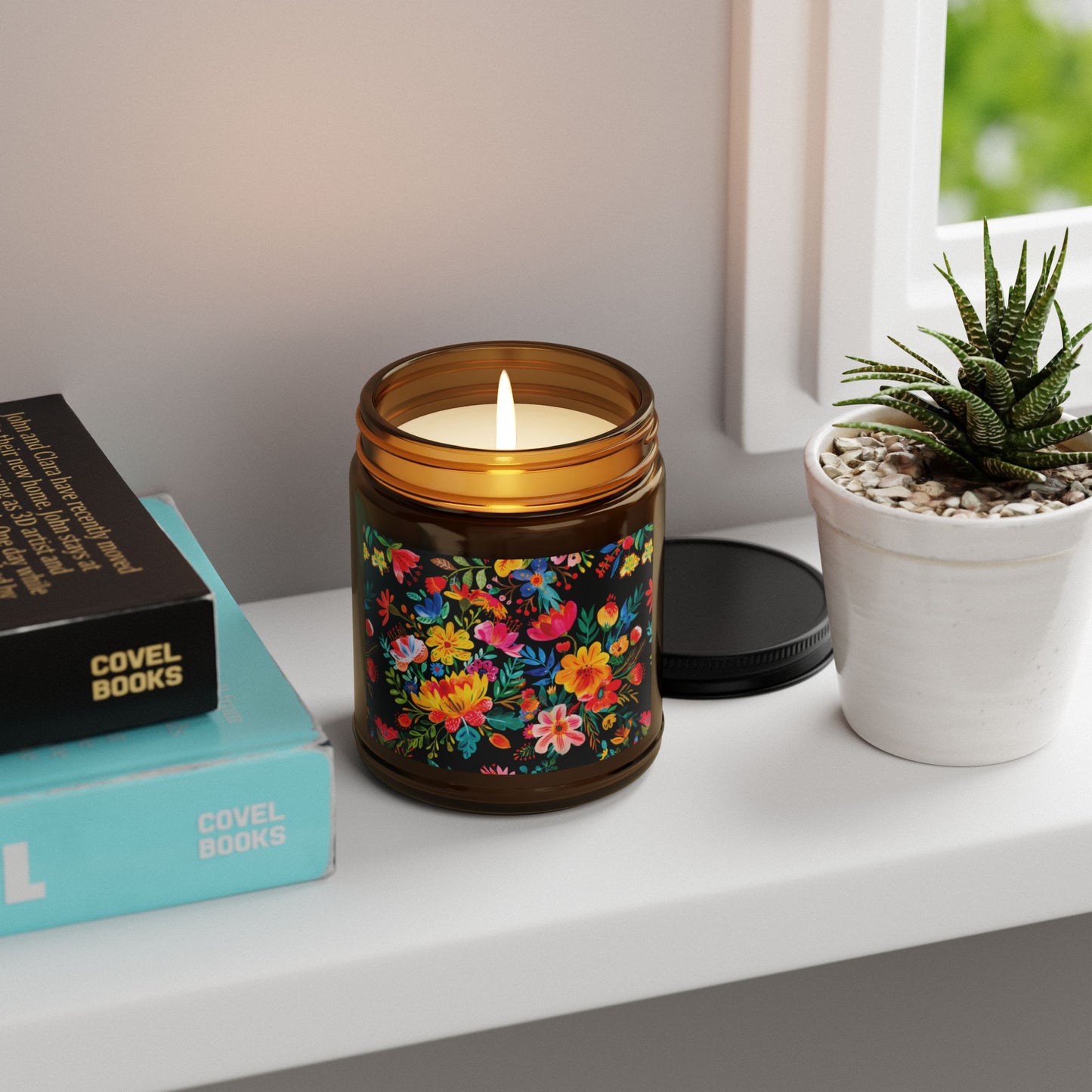 Bright Bold Watercolor Flowers - Black 000000 - Scented Soy Candle