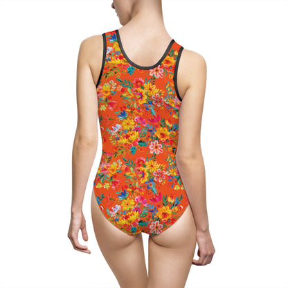 Bright Bold Watercolor Flowers - Orange #FE5000 - Women's Classic One-Piece Swimsuit