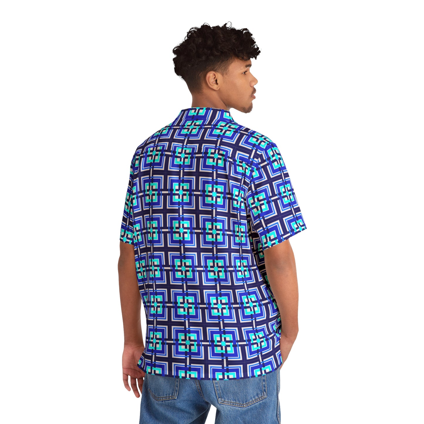 Intersecting Squares - Blue - White ffffff - Men's Hawaiian Shirt