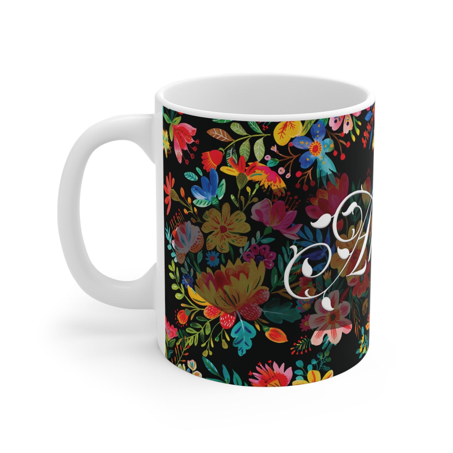 Amelia - Bright Bold Watercolor Flowers - Black 000000 - Mug 11oz