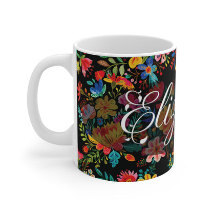 Elizabeth - Bright Bold Watercolor Flowers - Black 000000 - Mug 11oz