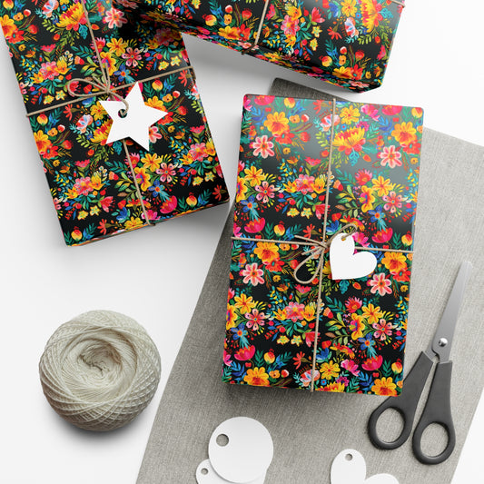 Gift Wrap Papers - Bright Bold Watercolor Flowers - Black