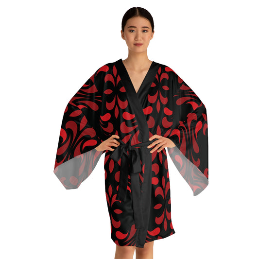 Vibrant Kaleidoscope - Big Print - Red - Black - Long Sleeve Kimono Robe (AOP)