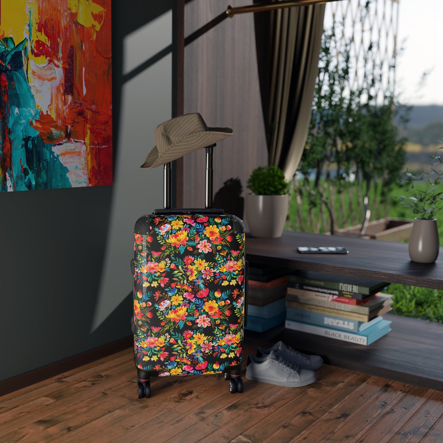 Bright Bold Watercolor Flowers - Black 000000 - Suitcase