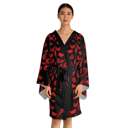 Vibrant Kaleidoscope - Big Print - Red - Black - Long Sleeve Kimono Robe (AOP)