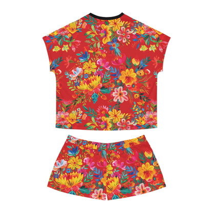 Bright Bold Watercolor Flowers Women's Pajama Set - Scarlet