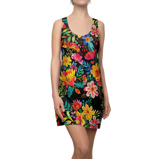 Bright Bold Watercolor Flowers - Black 000000 - Women's Cut & Sew Racerback Dress