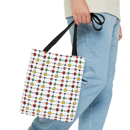 Geometric Black Grid with Squares - White ffffff  - Tote Bag