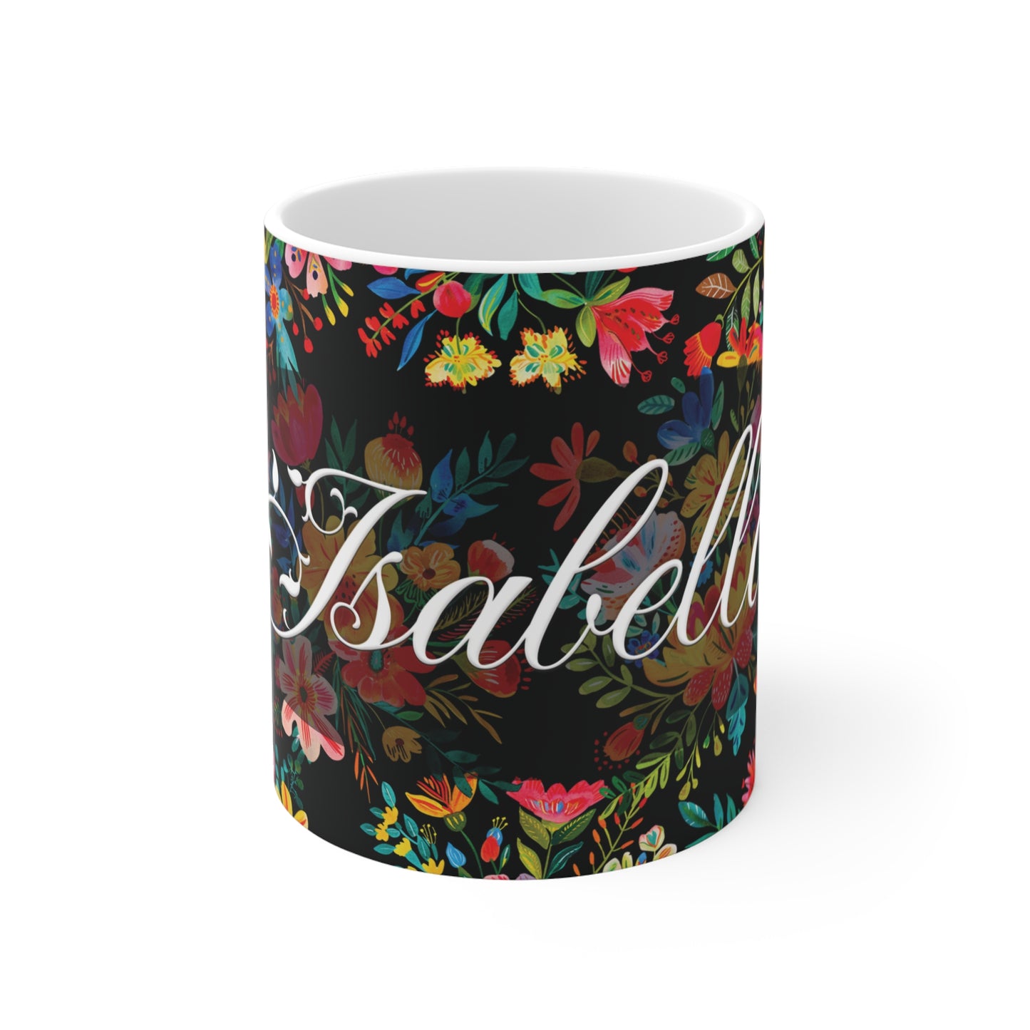 Isabella - Bright Bold Watercolor Flowers - Black 000000 - Mug 11oz