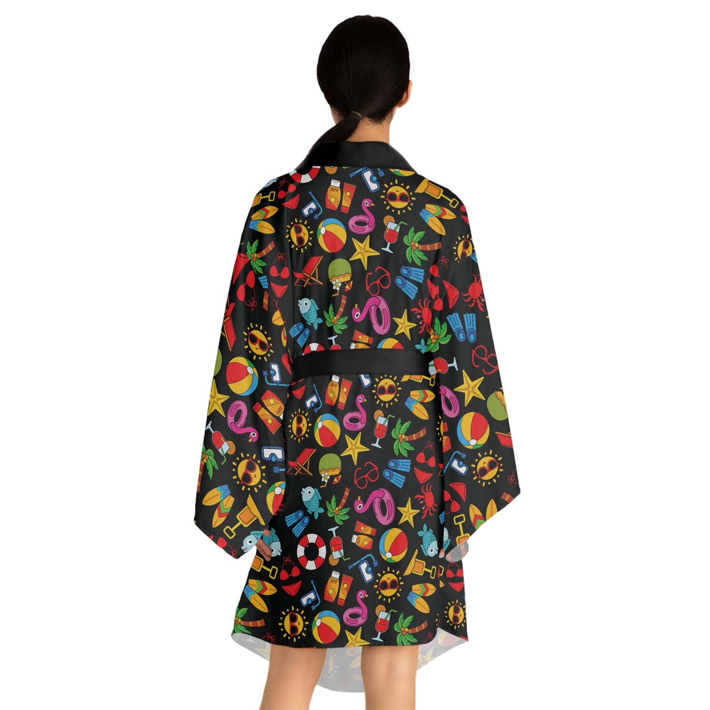 Summer Vibes - Black 000000 - Long Sleeve Kimono Robe (AOP)