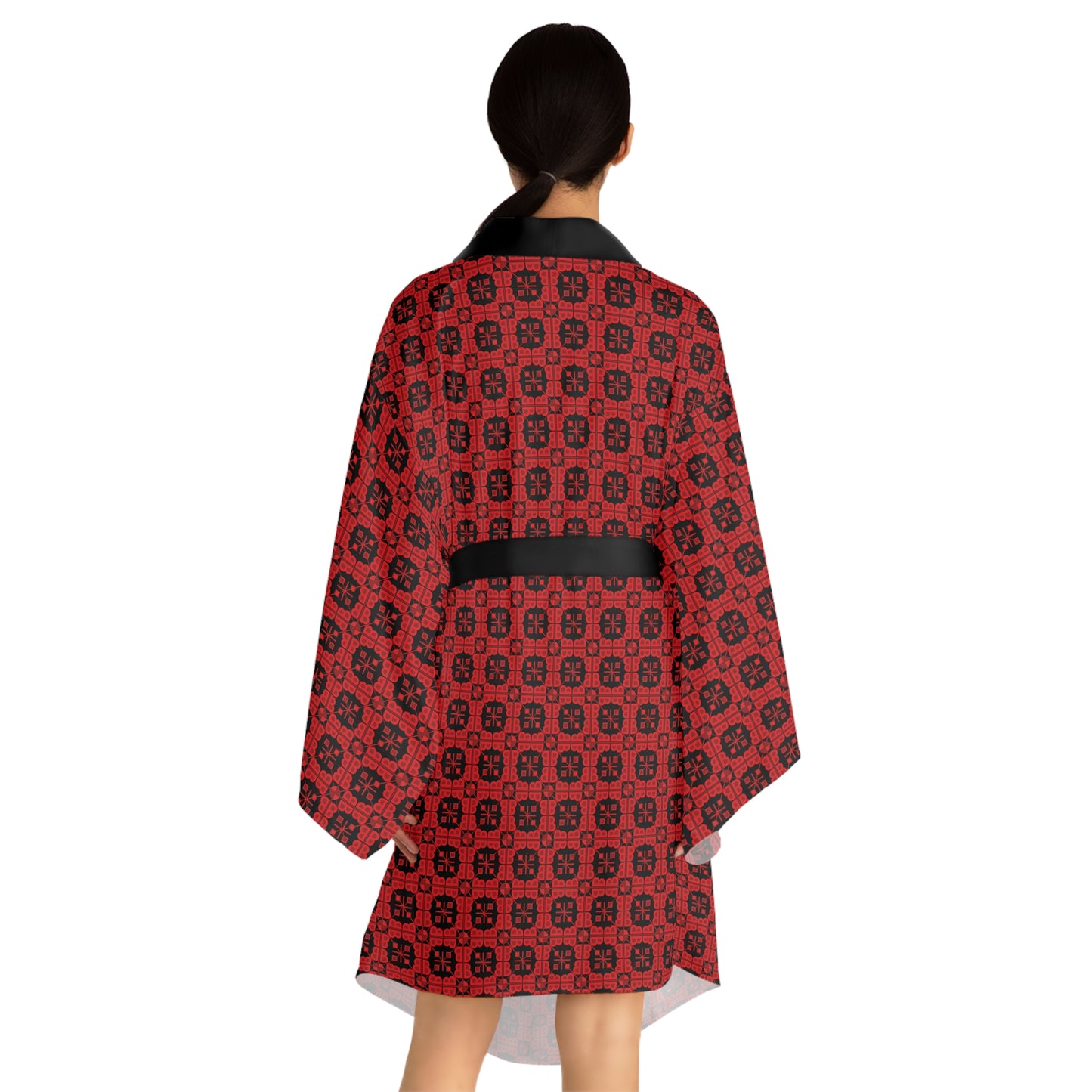 Letter Art - B - Red - Black 000000 - Long Sleeve Kimono Robe (AOP)