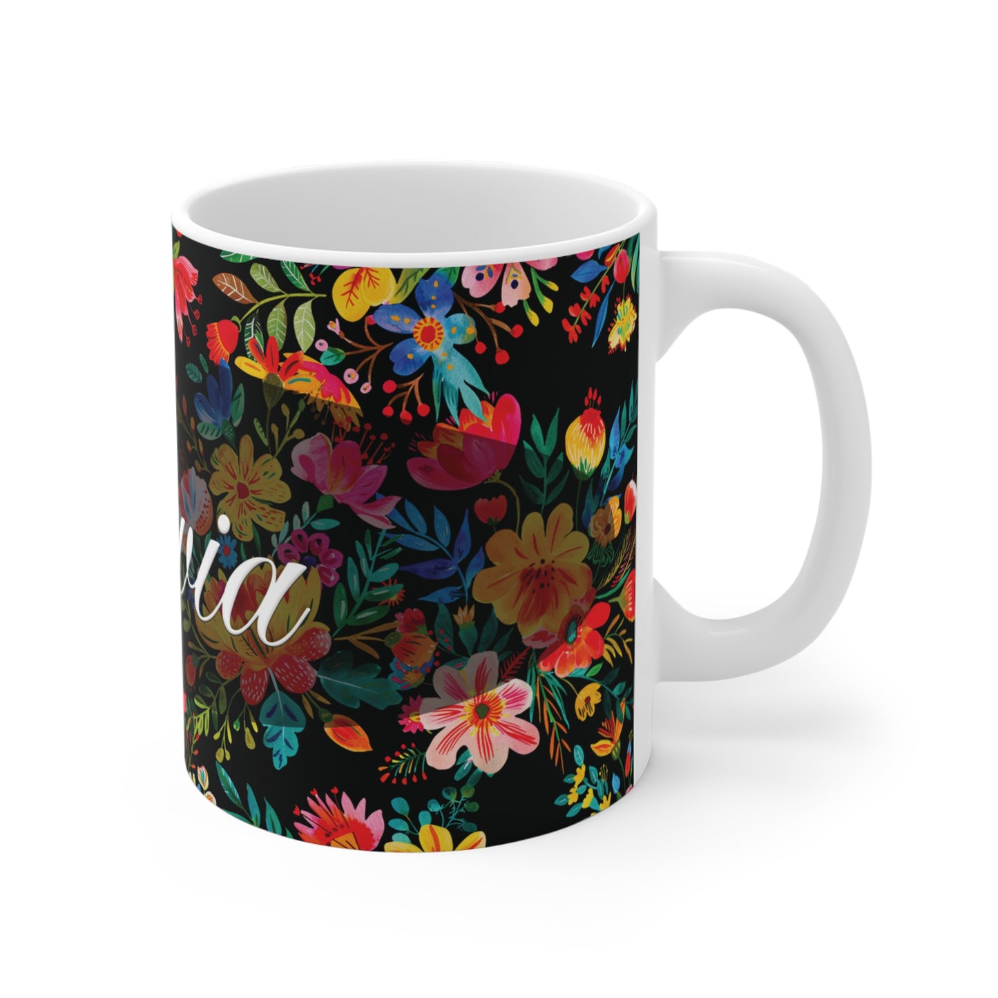 Olivia - Bright Bold Watercolor Flowers - Black 000000 - Mug 11oz