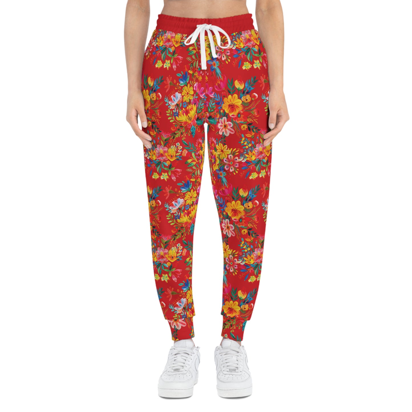 Bright Bold Watercolor Flowers - Scarlet de0000 - Athletic Joggers