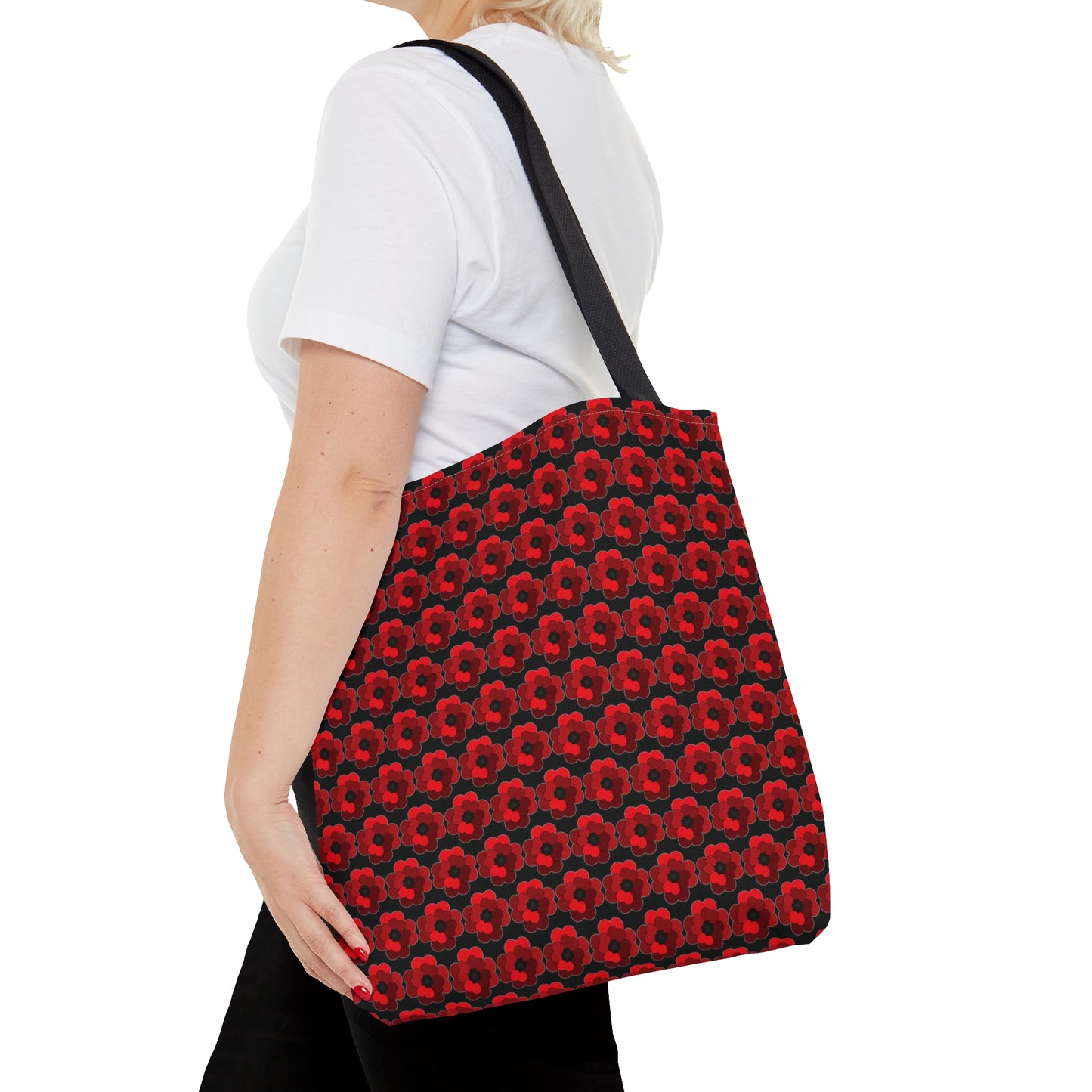 Red Hearts Flower - White Highlight - Black 000000 - Tote Bag