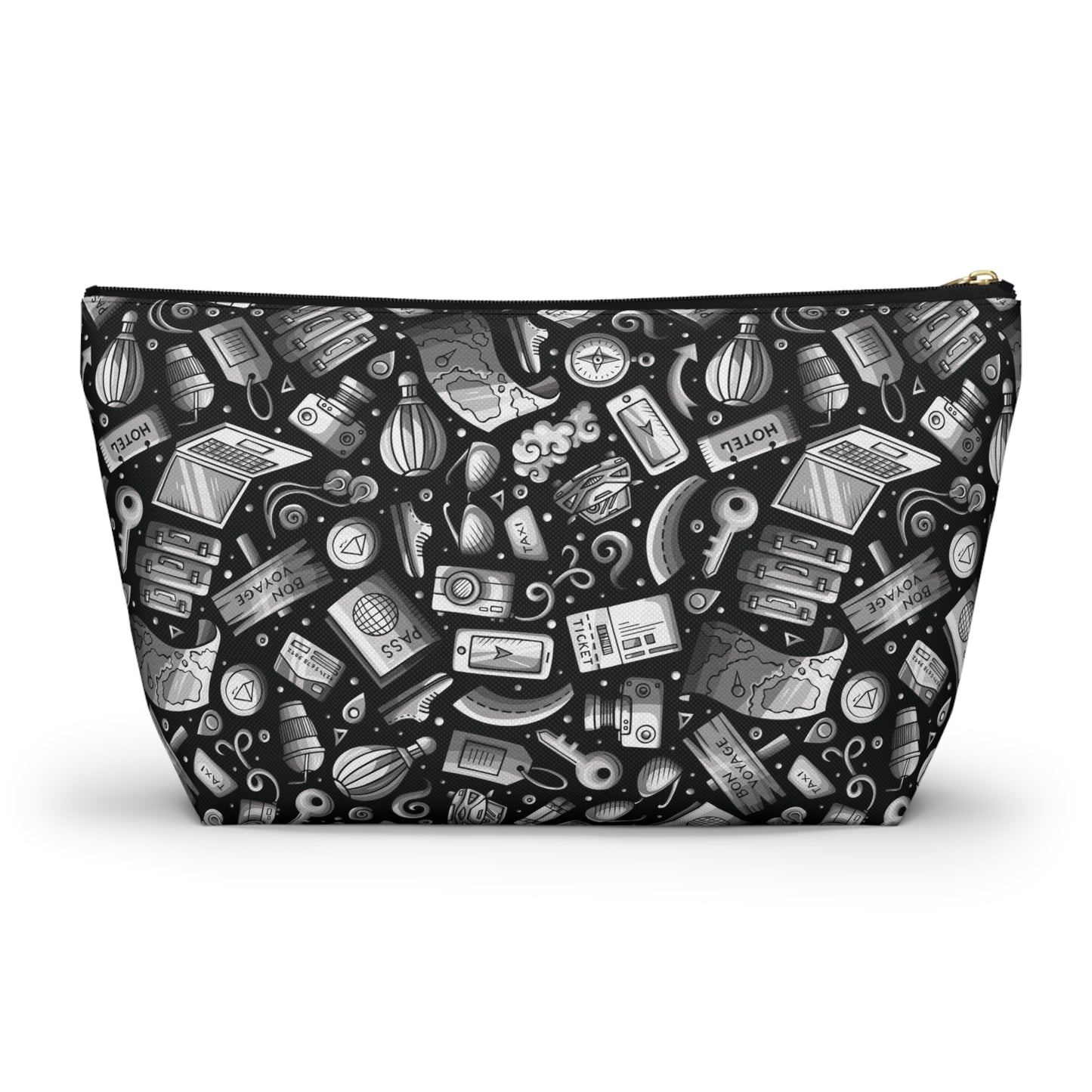 Travel Vibes - Gray on Black 000000 - Accessory Pouch w T-bottom