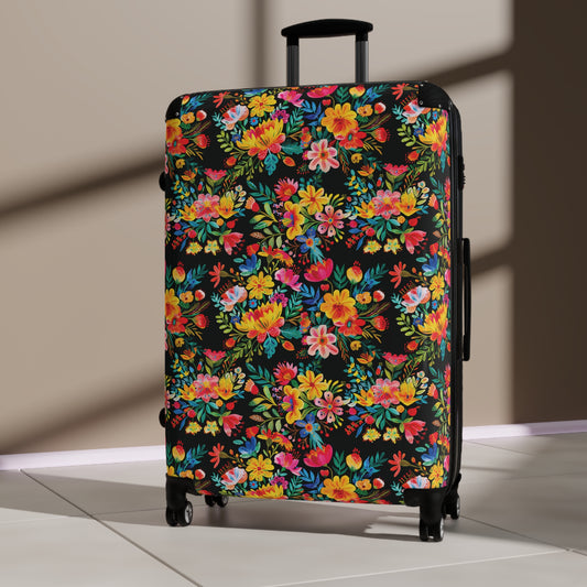 Bright Bold Watercolor Flowers - Black 000000 - Suitcase