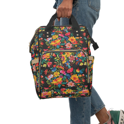 Bright Bold Watercolor Flowers - Black 000000  - Multifunctional Diaper Backpack