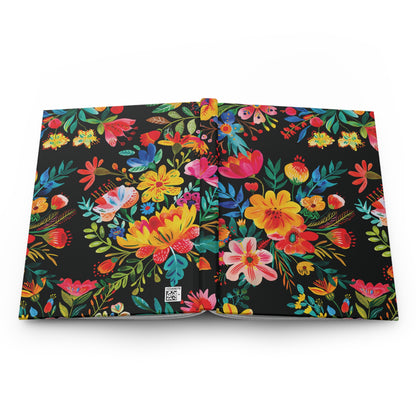 Bright Bold Watercolor Flowers - Black 000000 - Hardcover Journal Matte