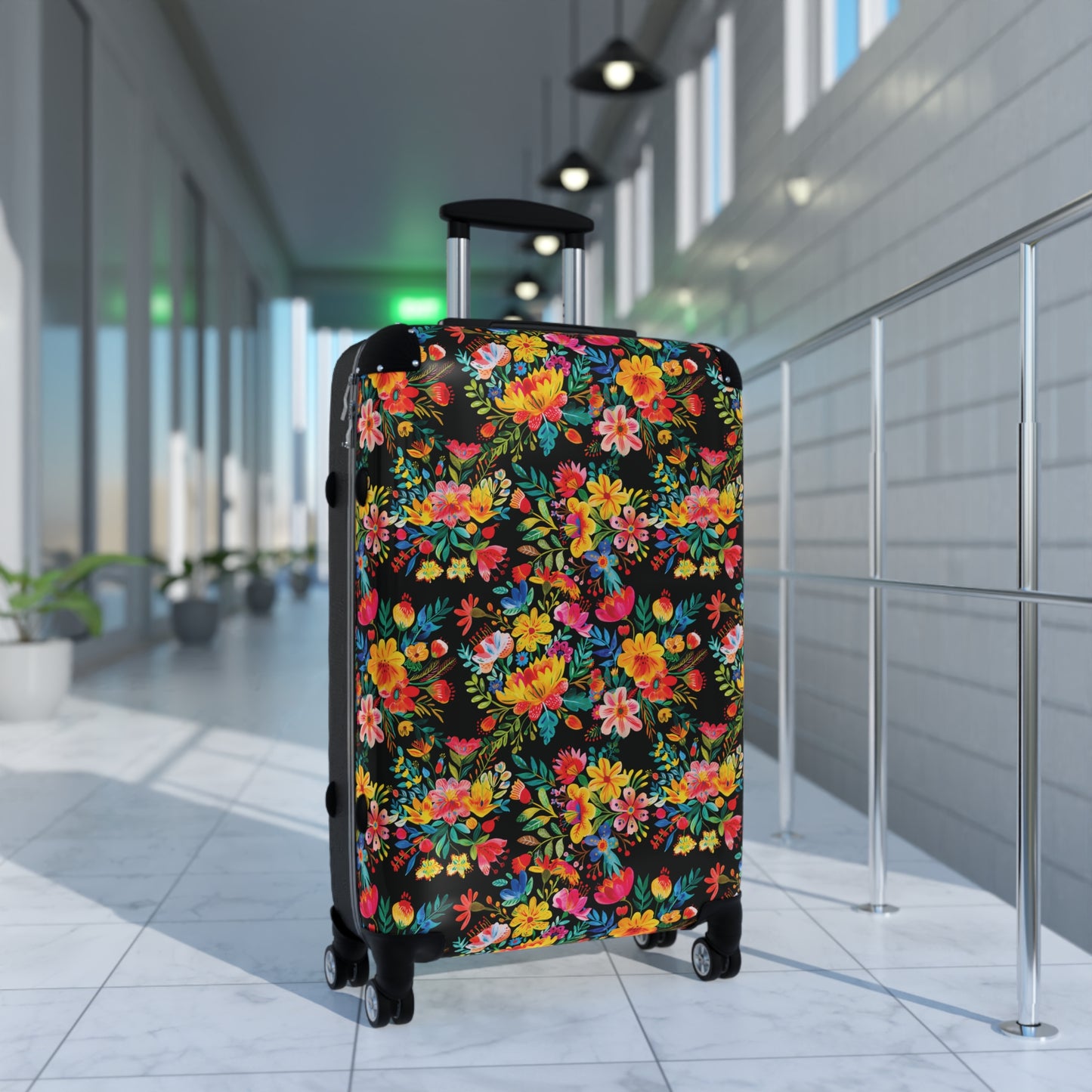 Bright Bold Watercolor Flowers - Black 000000 - Suitcase