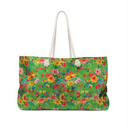 Bright Bold Watercolor Flowers - Bright Apple Green 56BD00 - Weekender Bag