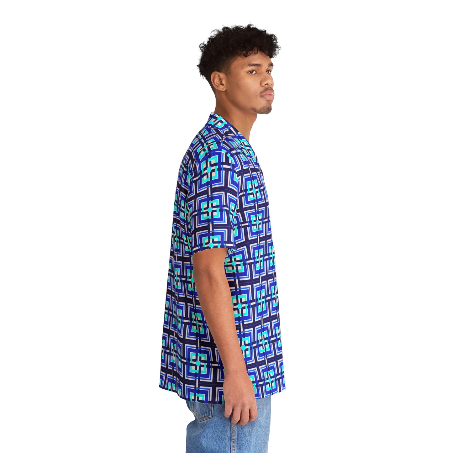 Intersecting Squares - Blue - White ffffff - Men's Hawaiian Shirt