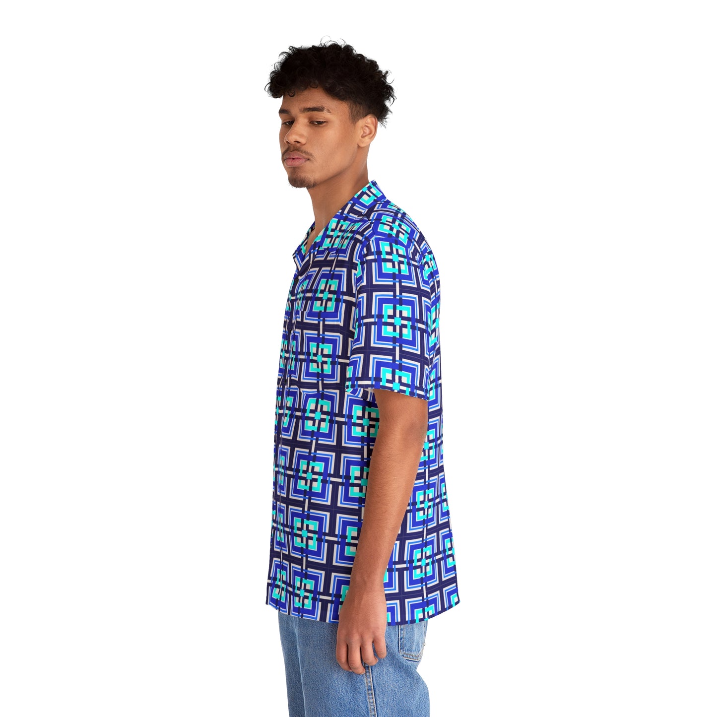 Intersecting Squares - Blue - White ffffff - Men's Hawaiian Shirt