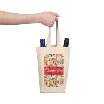 Double Wine Tote Bag - Thank You - Bright Bold Watercolor Flowers