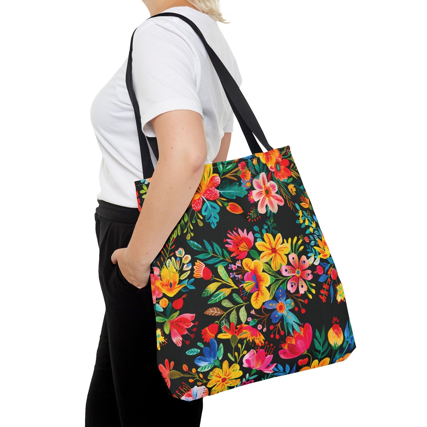 Bright Bold Watercolor Flowers - Black 000000 - Tote Bag