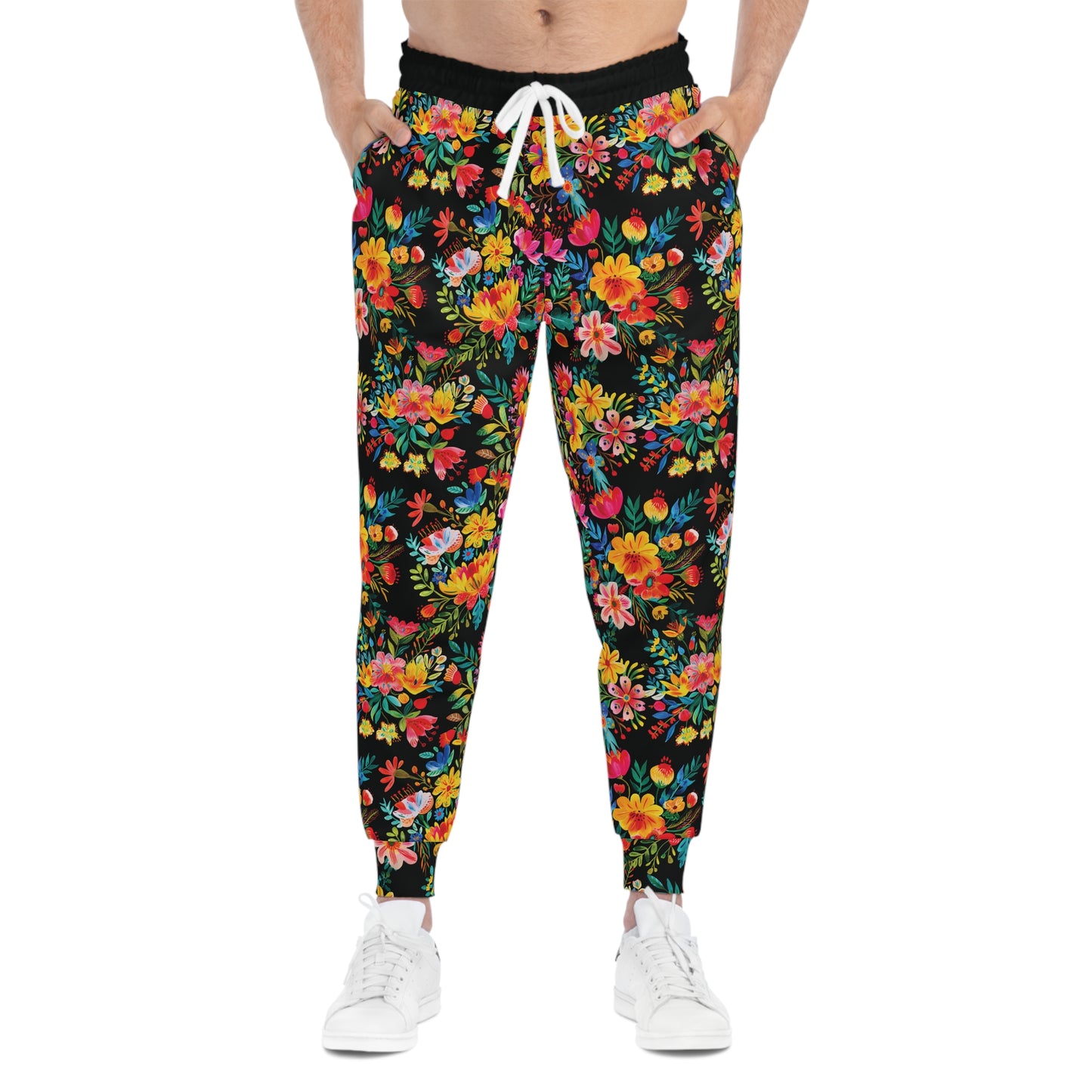 Bright Bold Watercolor Flowers - Black 000000 - Athletic Joggers