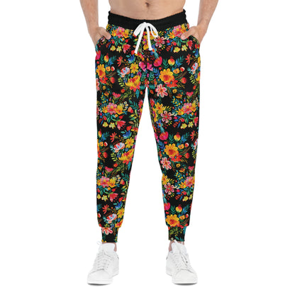 Bright Bold Watercolor Flowers - Black 000000 - Athletic Joggers