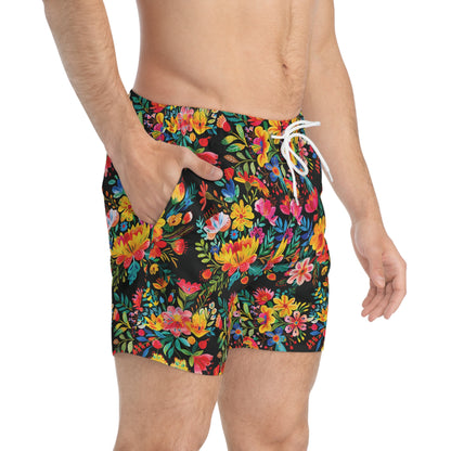 Bright Bold Watercolor Flowers - Black 000000 - Swim Trunks