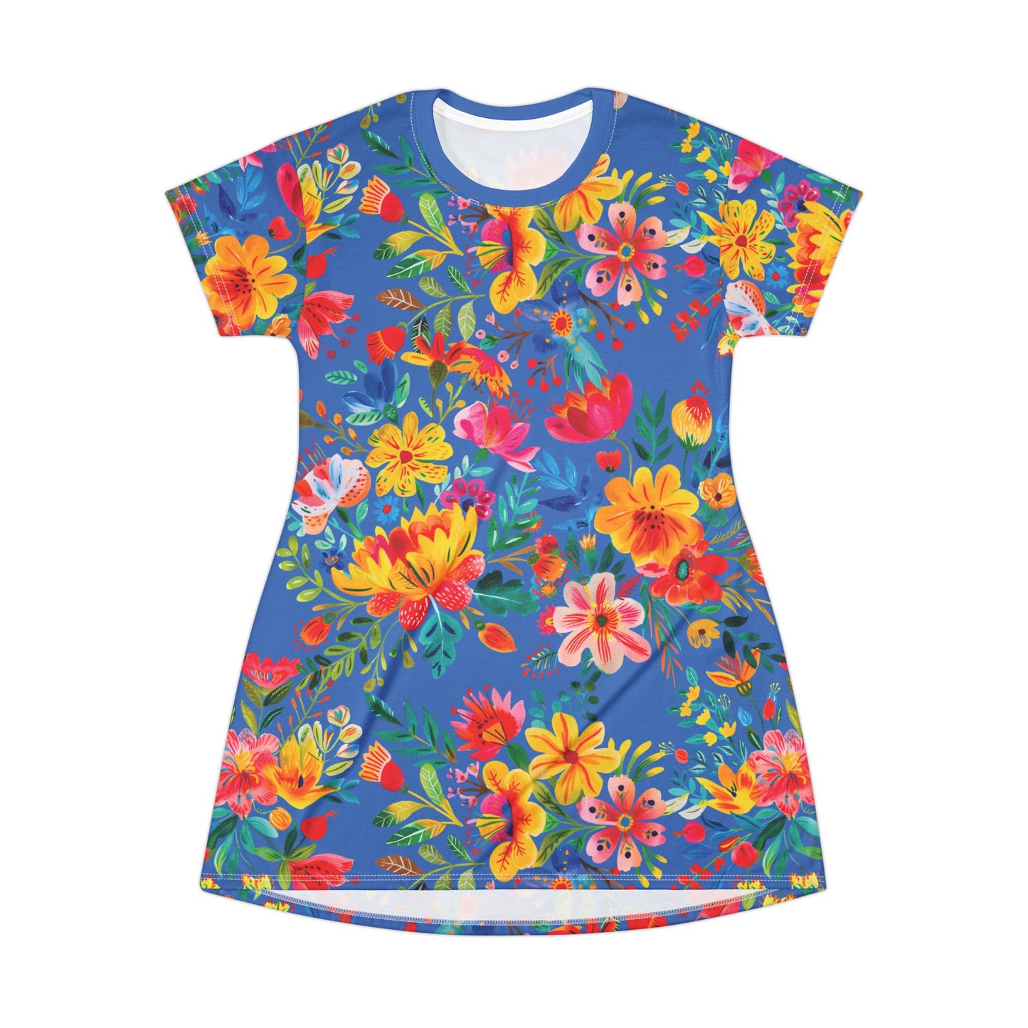 Bright Bold Watercolor Flowers - Azure - T-Shirt Dress