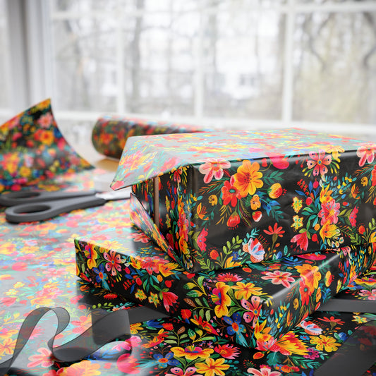 Bright Bold Watercolor Flowers - Black 000000 - Wrapping Papers