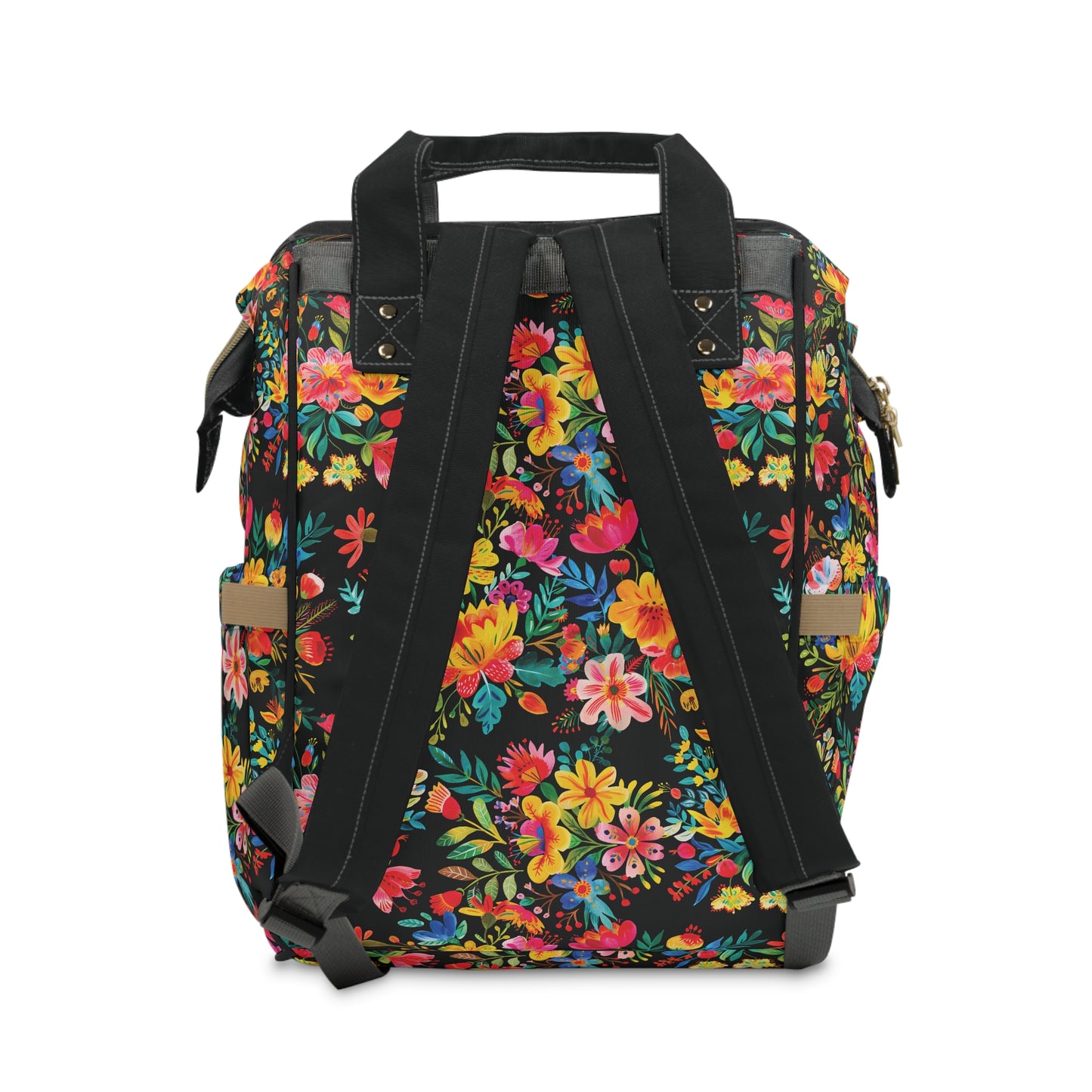 Bright Bold Watercolor Flowers - Black 000000  - Multifunctional Diaper Backpack