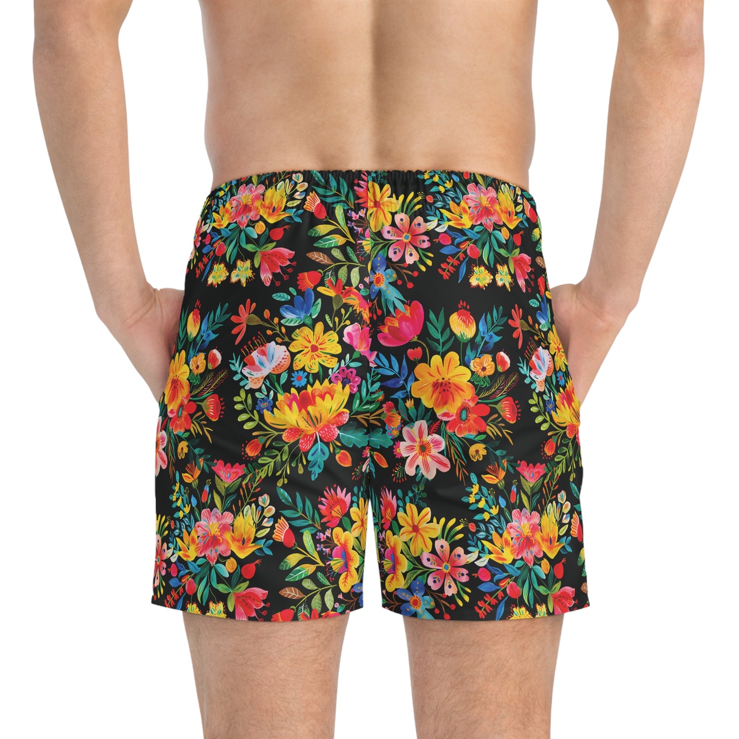 Bright Bold Watercolor Flowers - Black 000000 - Swim Trunks