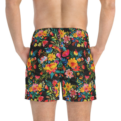 Bright Bold Watercolor Flowers - Black 000000 - Swim Trunks