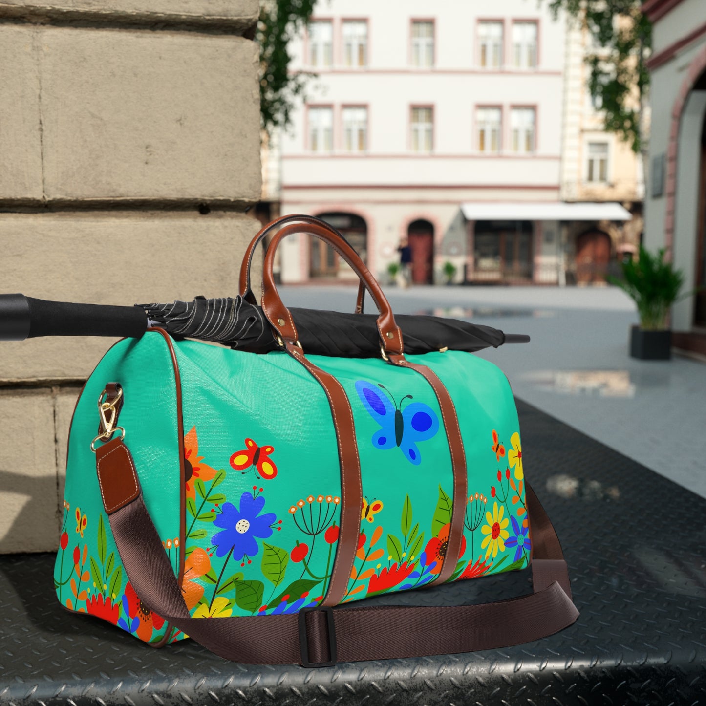 Bright Summer flowers - Turquoise 40e0d0 - Waterproof Travel Bag