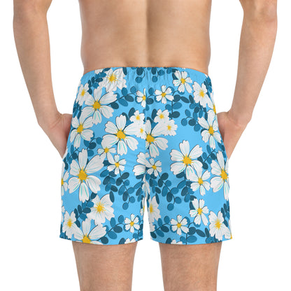 White Flowers on Blue - Swim Trunks