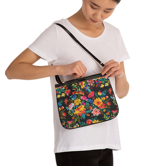 Watercolor Flowers Small Shoulder Bag - Black 000000