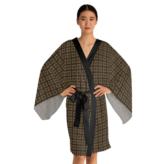 Intersecting Squares - Brown - Long Sleeve Kimono Robe (AOP)