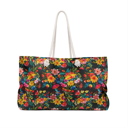 Bright Bold Watercolor Flowers - Black 000000 - Weekender Bag